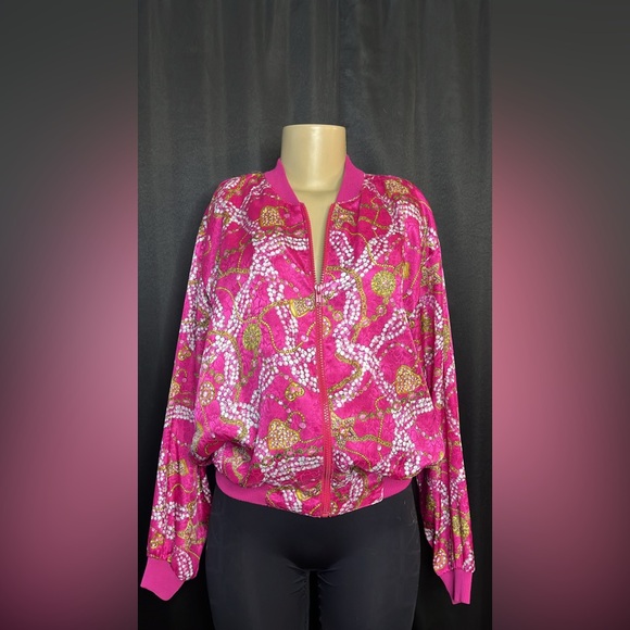 Vintage 80s Paragon Pink Pearls & Gold Jewelry Bomber Jacket - Picture 1 of 6